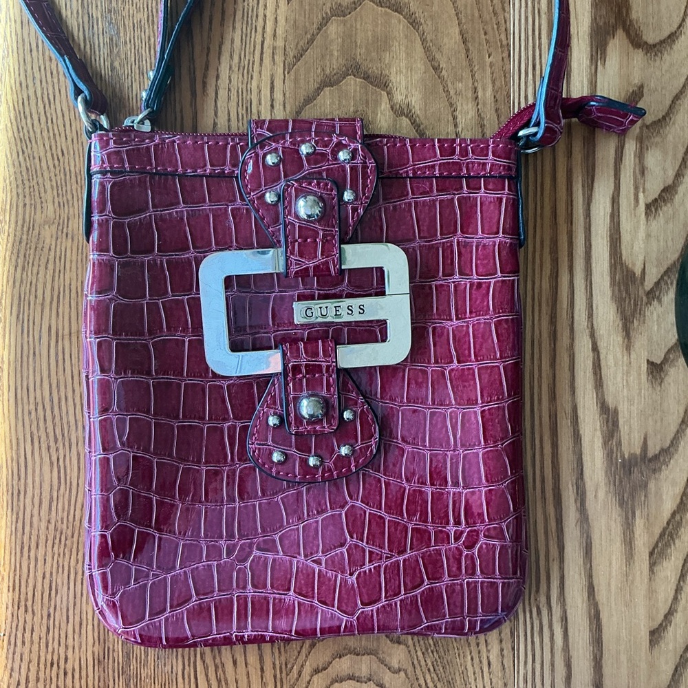 GUESS Burgundy Croc-Embossed Crossbody Bag